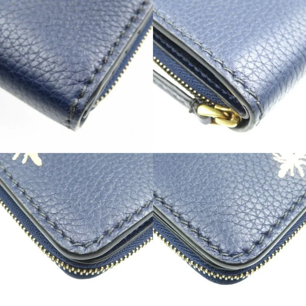 Christian Dior Bee Leather Gold Hardware Navy Blue Bifold Wallet 1128